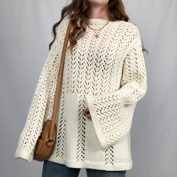 Stunning Vintage Hand Knit Open Oversized Bell Sleeve Boho Long Tunic Sweater - Picture 7 of 10